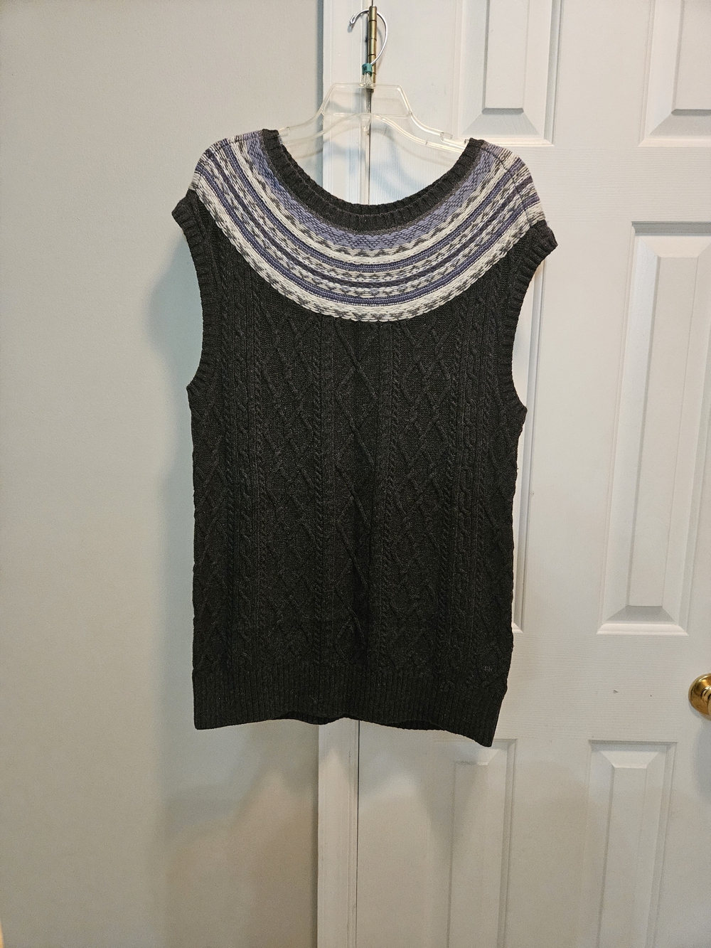 Tommy Hilfiger Charcoal Cable Knit Sleeveless Sweater with Striped Yoke